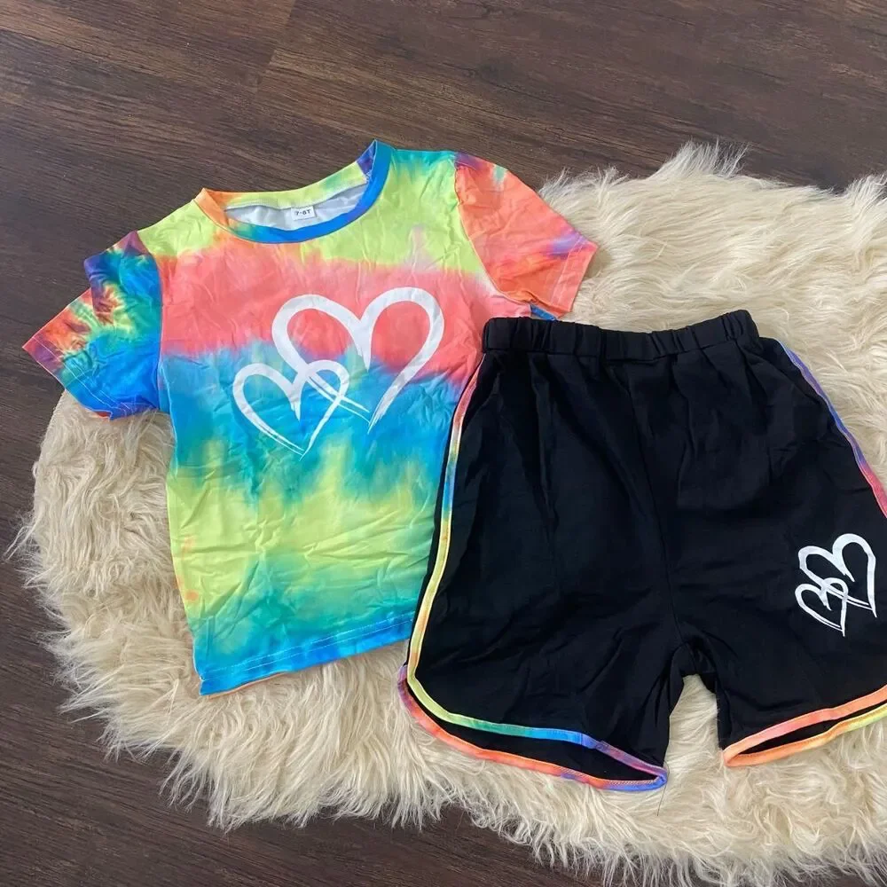 New Matching Set Tie Dye Rainbow Heart T-Shirt and Shorts Size 7-8